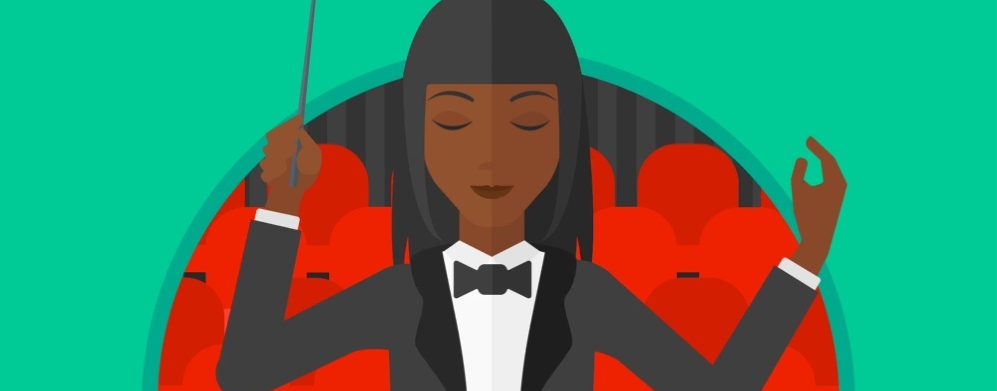 Conductor 1000X486 Illustration of a female conductor on a turquoise background.