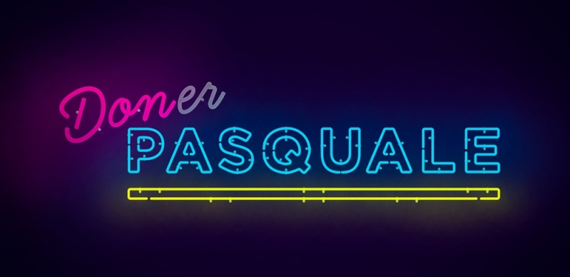 Don Pasquale title art in neon lights style with pinks, blues and yellows