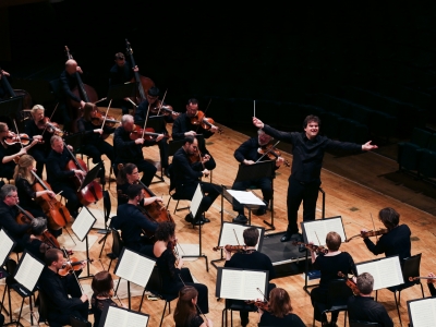 Bird's eye view of the orchestra, with the conductor's arms out wide.