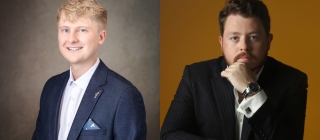Two headshots of our new Associate Artists. Owain Rowlands is pictured on the left, smiling at the camera. Ross Fettes is shown on the right, looking directly at the camera with a serious expression, his chin resting on his fist. Both wear suit jackets.