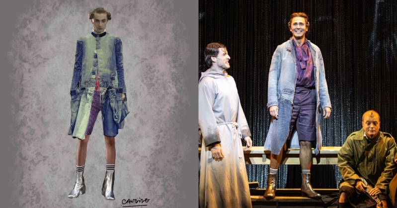Candide Costume Design Photo On the left is Nathalie Pallandre's collage-style costume design for Candide, featuring lots of denim, sports socks and shiny silver boots. On the right is a photo of Candide wearing the costume on stage.