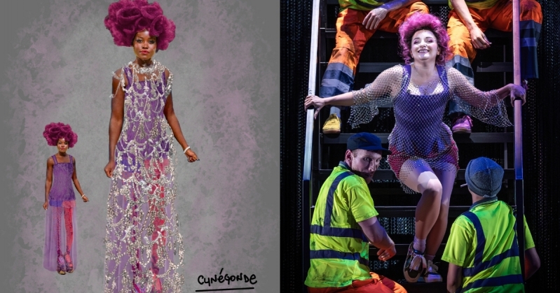 Cunegonde Costume Design Photo On the left is Nathalie Pallandre's collage-style costume design for Cunégonde, featuring a huge wig, a corset top, long skirt and sparkly dress which looks like it is made of jewellery. On the right is a photo of Cunégonde wearing the costume on stage during her famous aria.