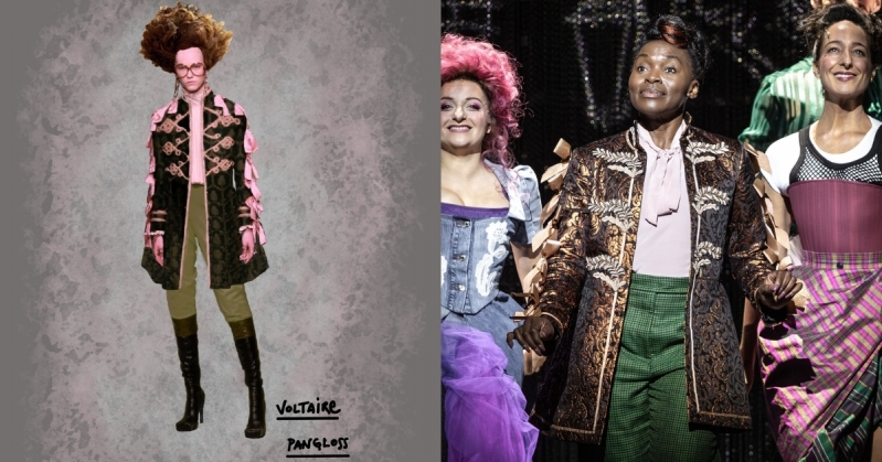 Narrator Pangloss Costume Design Photo On the left is Nathalie Pallandre's collage-style costume design for the Narrator | Pangloss, featuring a formal jacket, tight trousers and heeled boots. On the right is a photo of the Narrator | Pangloss wearing the costume on stage.