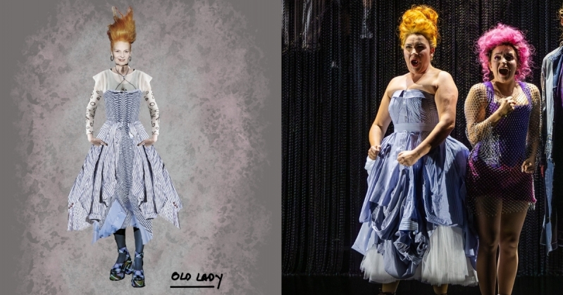 Old Lady Costume Design Photo On the left is Nathalie Pallandre's collage-style costume design for the Old Lady, featuring a dress made out of shirts. On the right is a photo of the Old Lady wearing the costume on stage.
