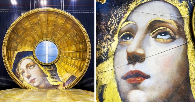 Two backstage photos of the Tosca set. On the left is the golden dome in full, with a ladder going up to the hole in its centre. On the right is a close-up of Mary Magdalene's face. She gazes upwards and gold paint highlights her eyes, eyebrows and the outline of her face.