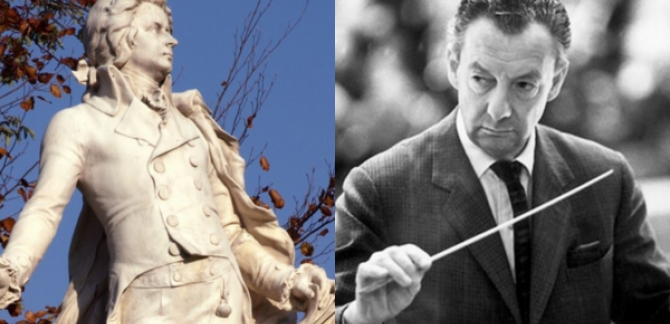 A statue of Mozart faces off against Benjamin Britten