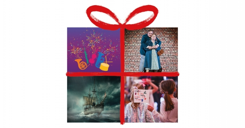 WNO Christmas Present Image A painted Christmas present outline contains four images of WNO events in 2026. The top left image is of five musical instruments with exploding fireworks behind them, promoting our New Year's Celebration concert. Next to it is a photo from our 2023 production of Blaze of Glory!, which shows Mr Dafydd Pugh and Miss Nerys Price embracing happily. On the bottom left is the poster image for The Flying Dutchman: a boat sailing on a stormy sea, the Dutchman stood aboard it. The final image shows a young girl holding a mini Play Opera LIVE! flag.