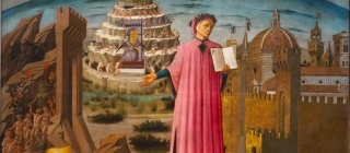 Dante's Divine Comedy - Dante stands in the middle of the image, in a pink dress. Behind him is a depiction of the seven layers of hell. 