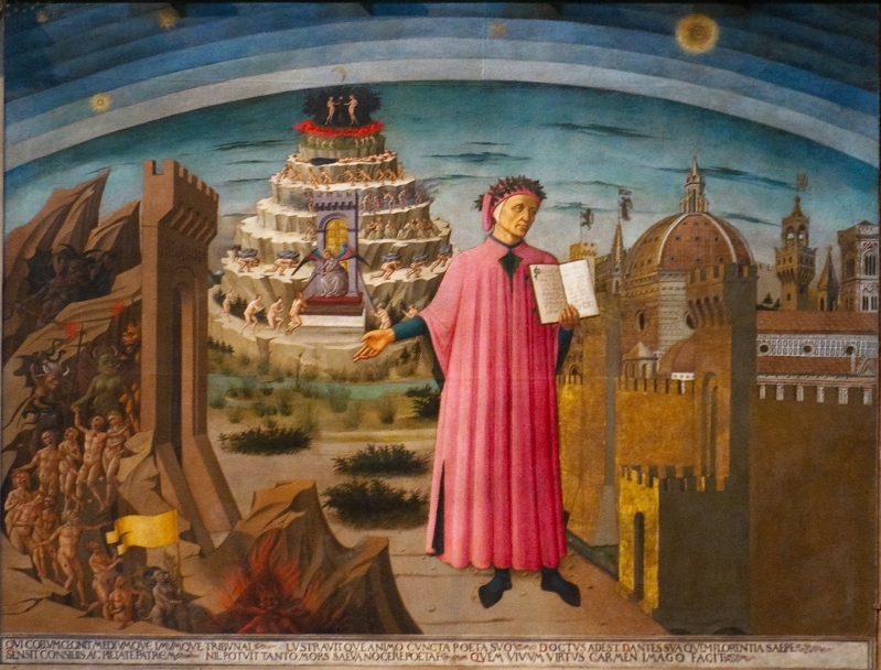 Dante's Divine Comedy Image.    Dante's Divine Comedy - Dante stands in the middle of the image, in a pink dress. Behind him is a depiction of the seven layers of hell.